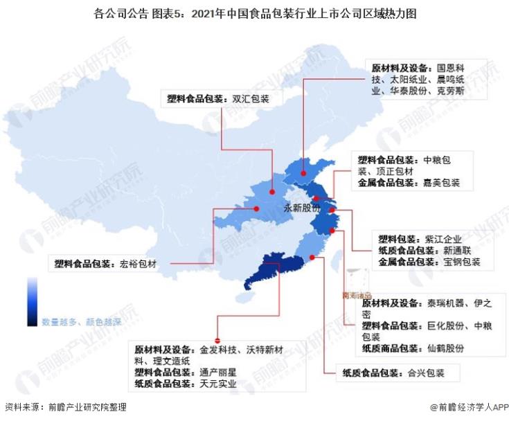 各公司公告 圖表5：2021年中國食品包裝行業(yè)上市公司區(qū)域熱力圖